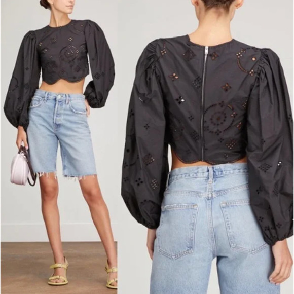 Ganni Broderie Anglaise Cropped Balloon Sleeve Top Black Summer Eyelet Lace - Picture 11 of 14